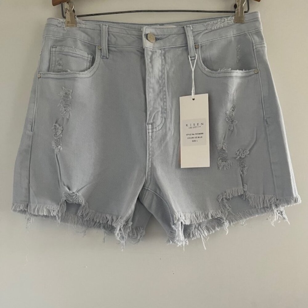 Risen High Rise Distressed Detail Shorts in Ice Blue - Picture 3 of 5
